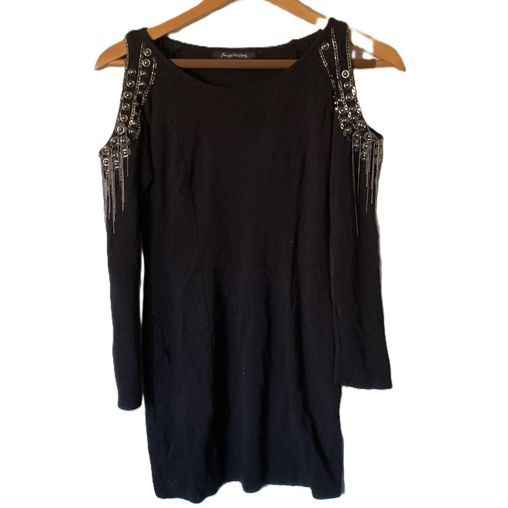 Foreign Exchange black cotton spandex grommet & chain bare shoulder dress